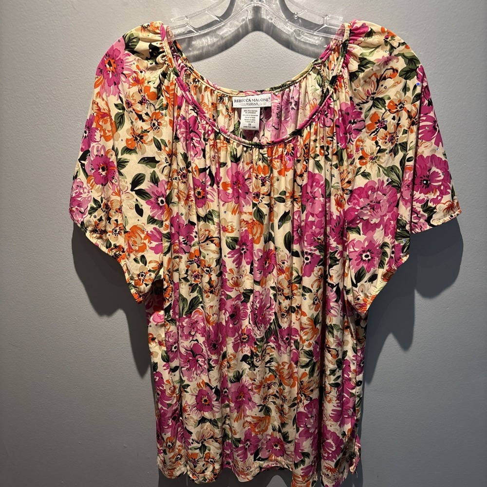 REBECCA MALONE Women’s Size 3XL Pullover Blouse‎ Floral Beaded Flowy Cottagecore